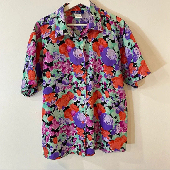 Vintage 1980s HER 100% Silk Short Sleeve Floral Blouse Size L - Picture 15 of 17